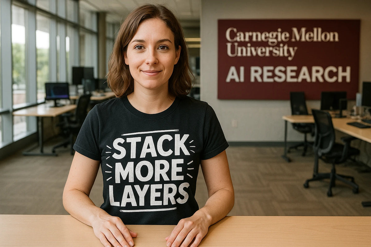 Lifestyle shot of the "Stack More Layers" black artificial intelligence t shirt in a real-world setting