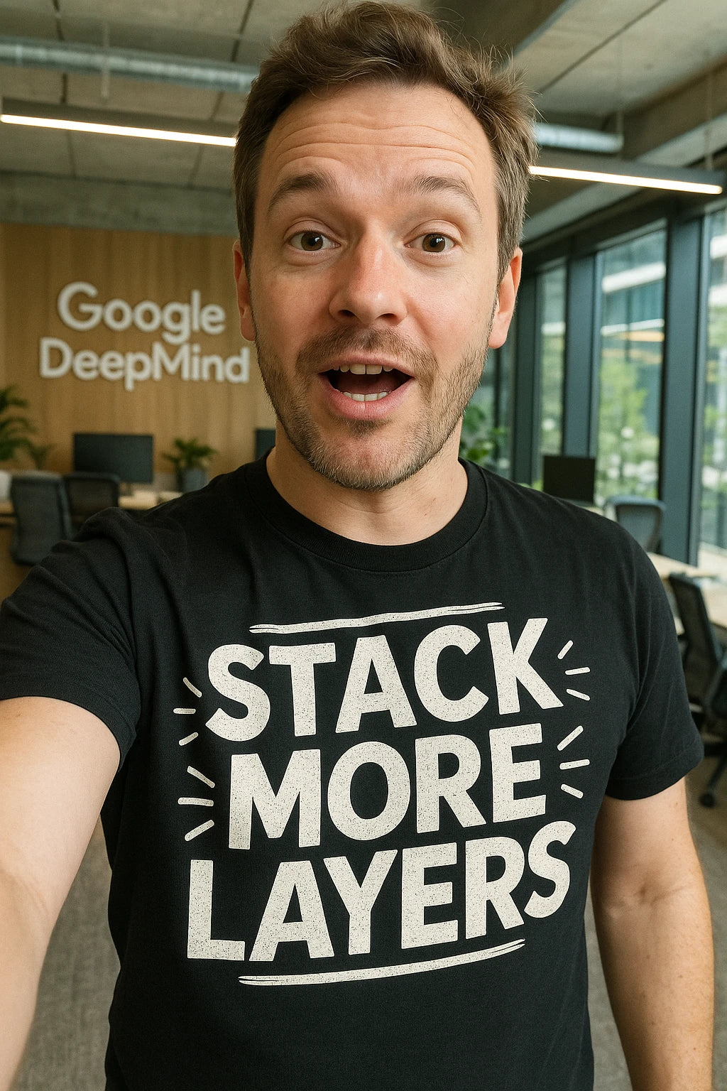 "Stack More Layers" black artificial intelligence t shirt, photographed as artificial intelligence lover gift