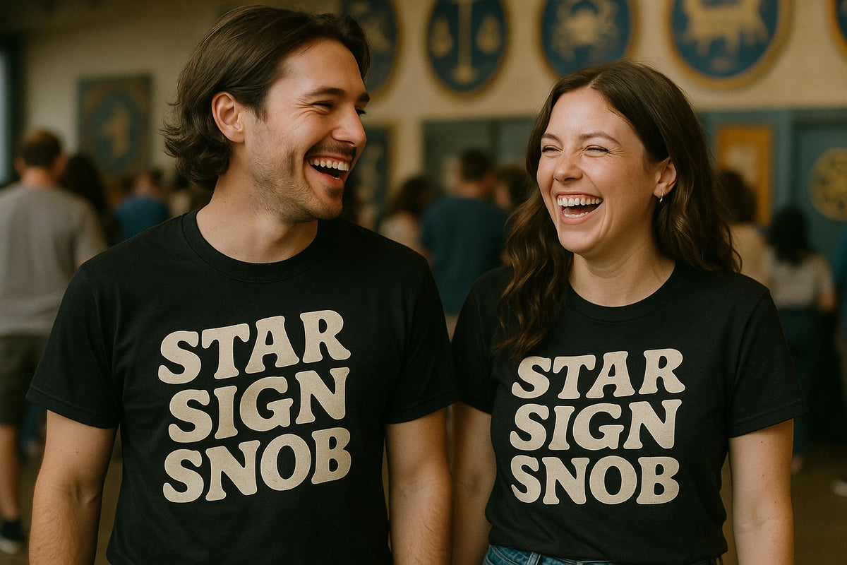 Person wearing the black astrology tee shirts graphic tee - "Star Sign Snob" design