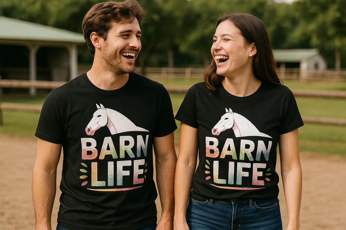 Person wearing the black horse tee shirts graphic tee - "Barn Life" design