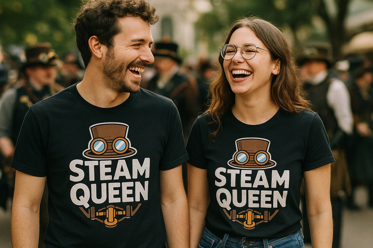 Person wearing the black steampunk shirts graphic tee - "Steam Queen" design