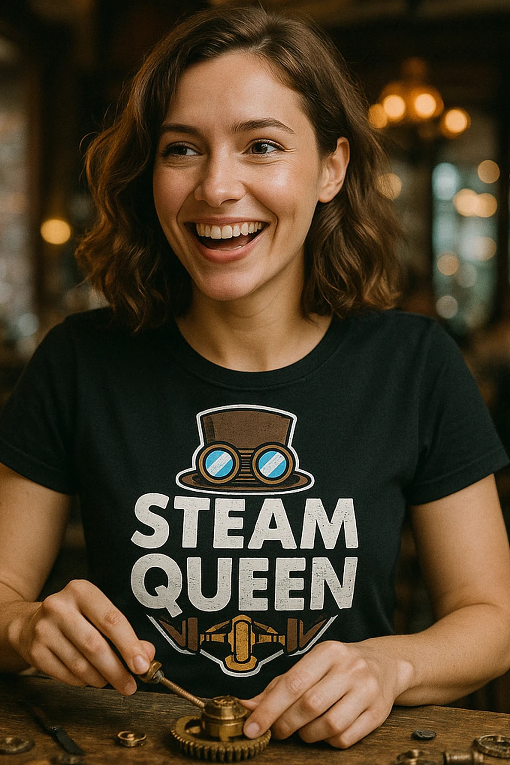 "Steam Queen" black steampunk shirts, photographed as steampunk lover gift