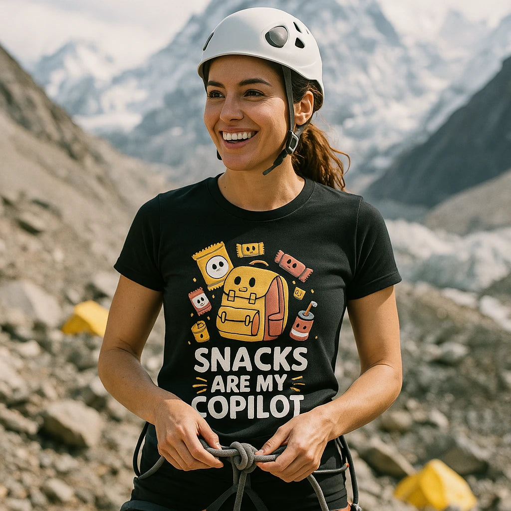 "Snacks Are My Copilot" black adventure tshirt, photographed as gifts for adventure lovers