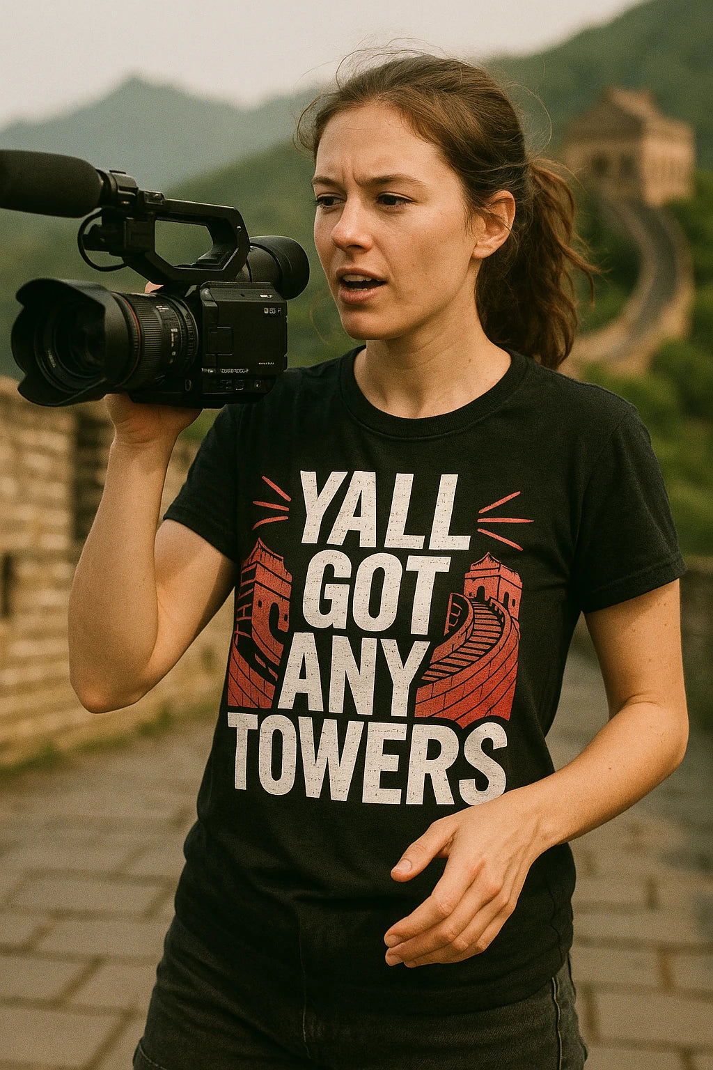 "Yall Got Any Towers" black china t shirt - a birthday gift for the great wall of china lover
