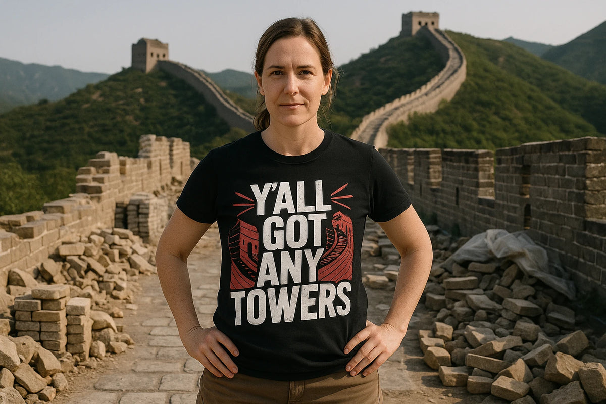 Lifestyle shot of the "Yall Got Any Towers" black china t shirt in a real-world setting