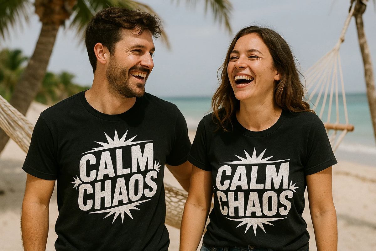 Person wearing the black relaxing t shirt graphic tee - "Calm Chaos" design