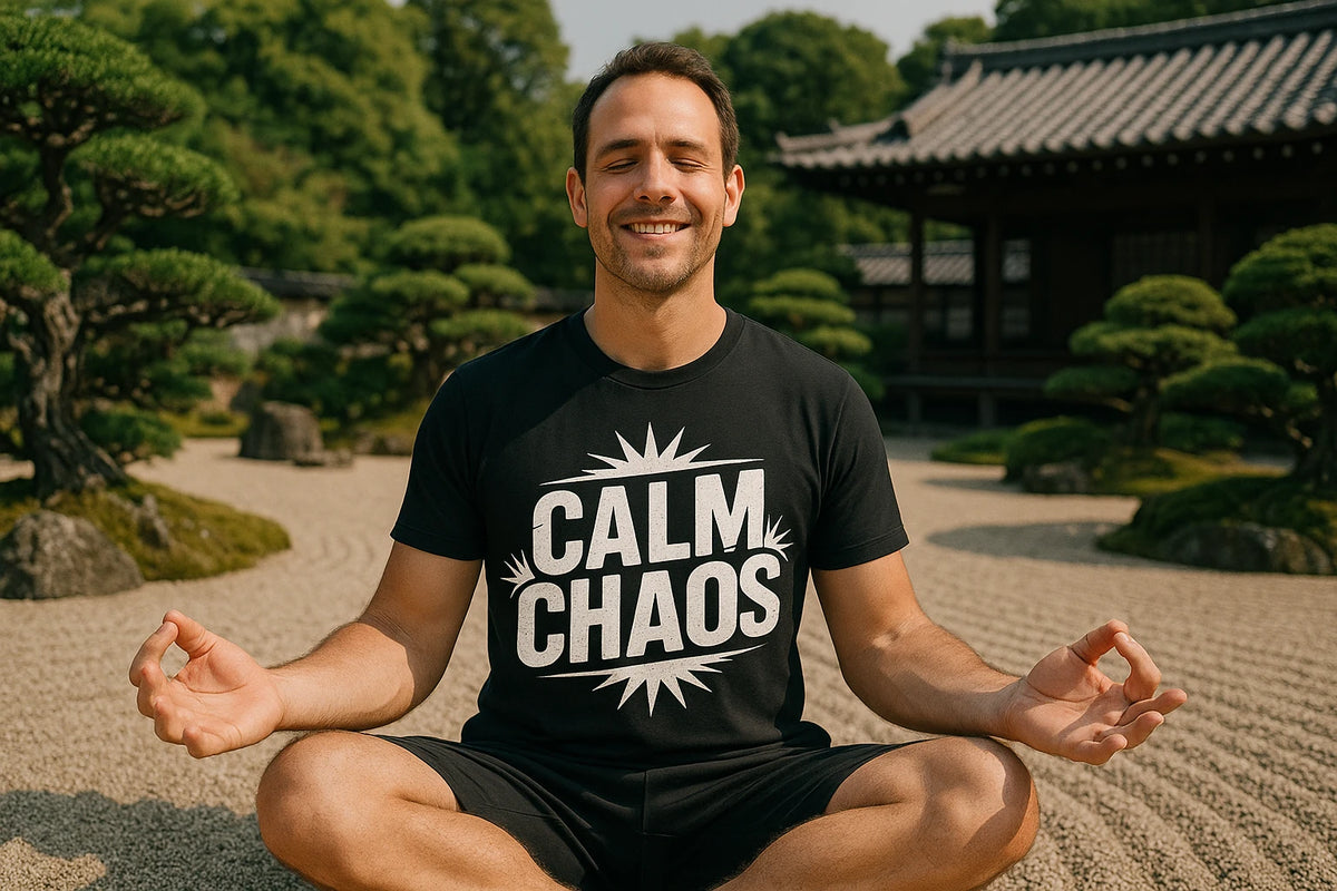 Lifestyle shot of the "Calm Chaos" black relaxing t shirt in a real-world setting