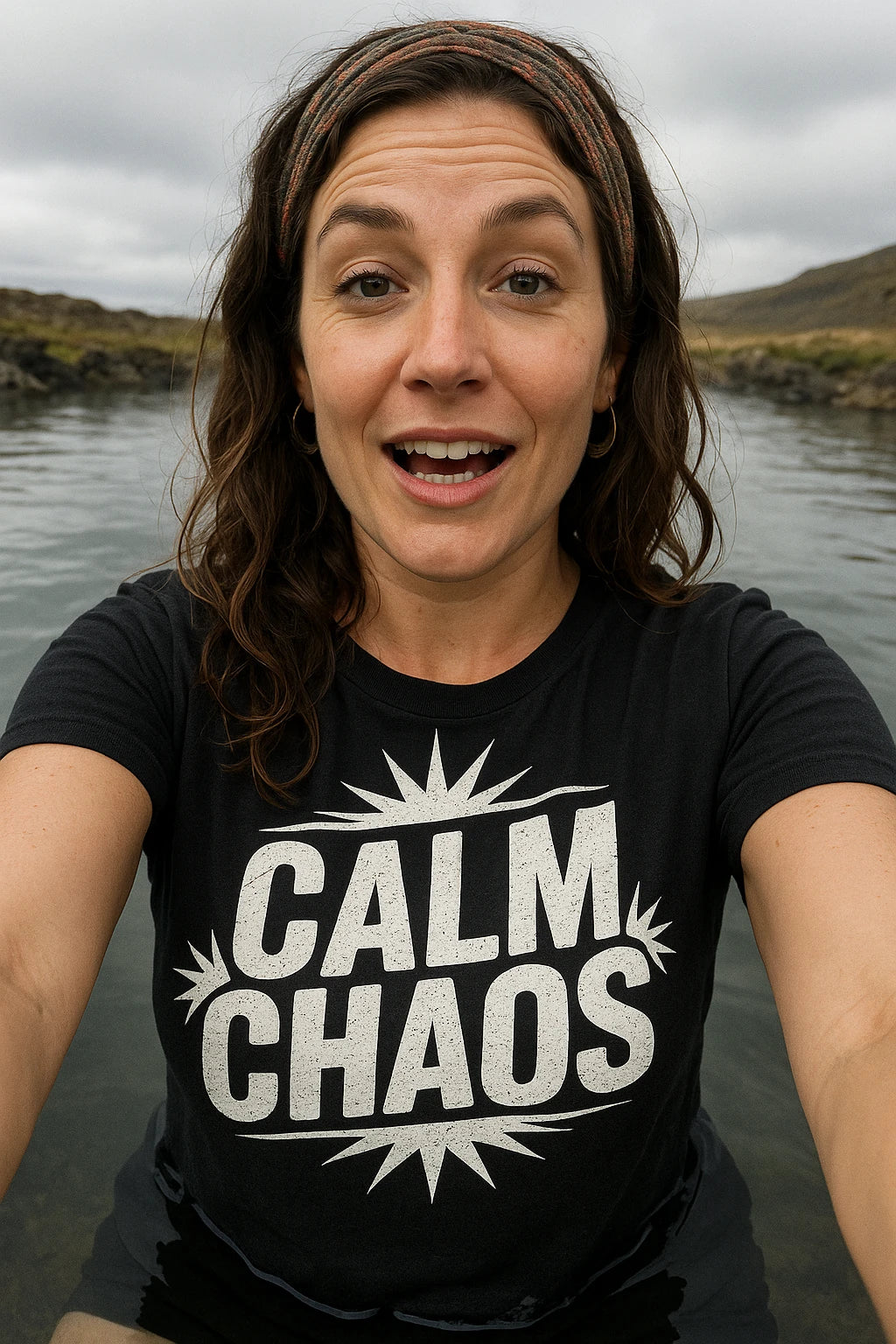 "Calm Chaos" black relaxing t shirt, photographed as relaxing lover gift