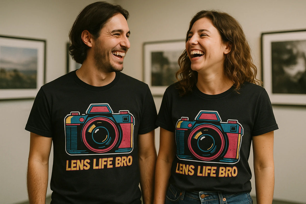 Person wearing the black photographers shirts graphic tee - "Lens Life Bro" design
