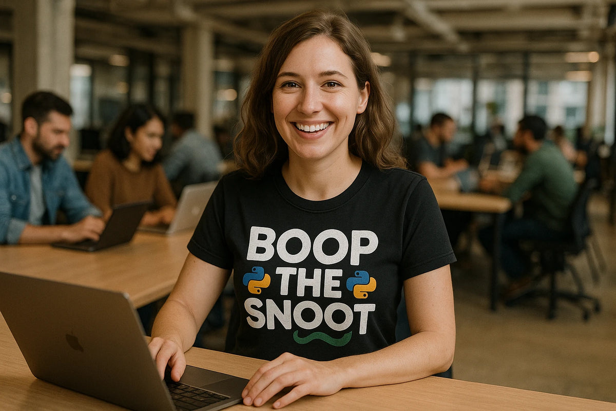 Lifestyle shot of the "Boop the Snoot" black python t shirt in a real-world setting