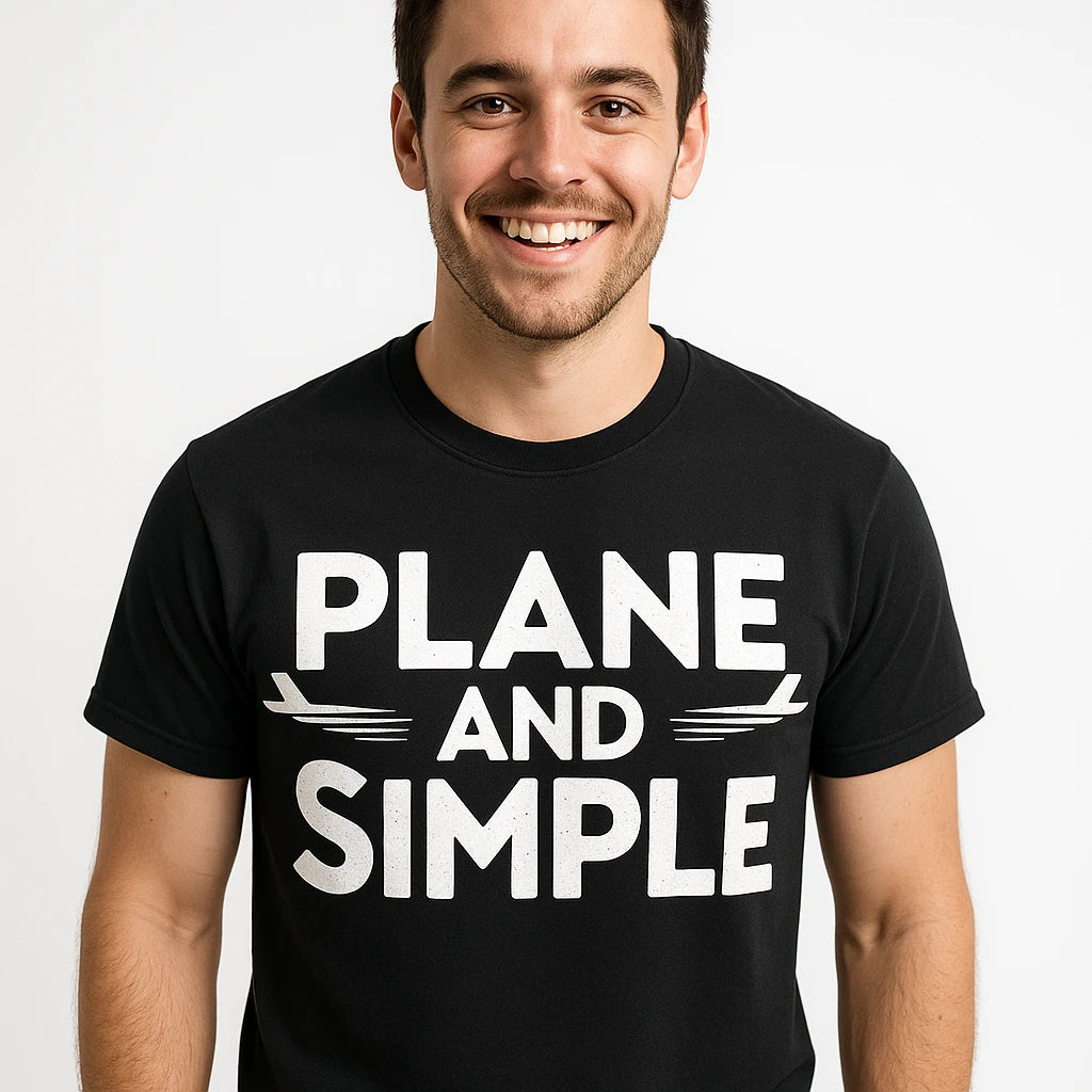 Close-up of the "Plane and Simple" white print on a premium Bella+Canvas black flying squirrel t shirt