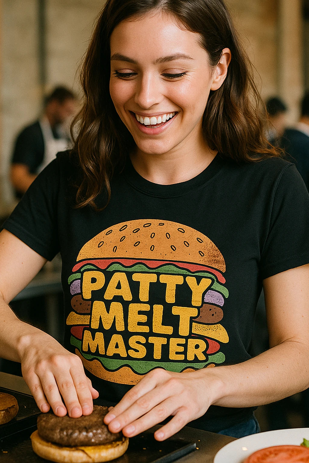"Patty Melt Master" black burgers t shirt, photographed as burgers lover gift