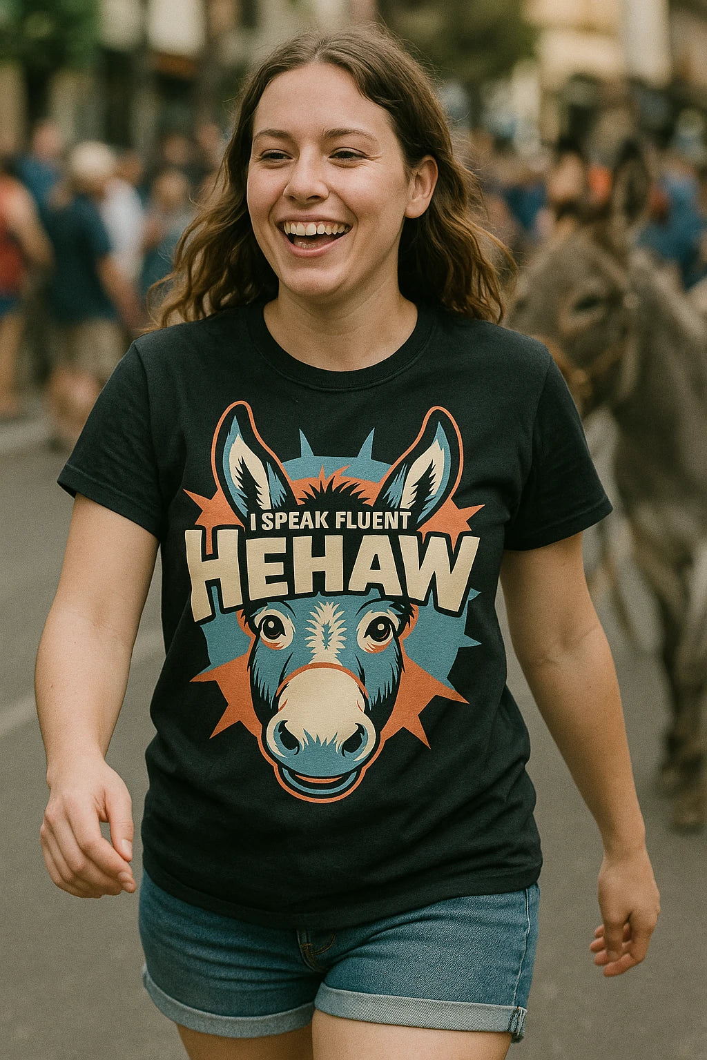 "I Speak Fluent Hehaw" black donkey t shirt, photographed as gift for donkey lover