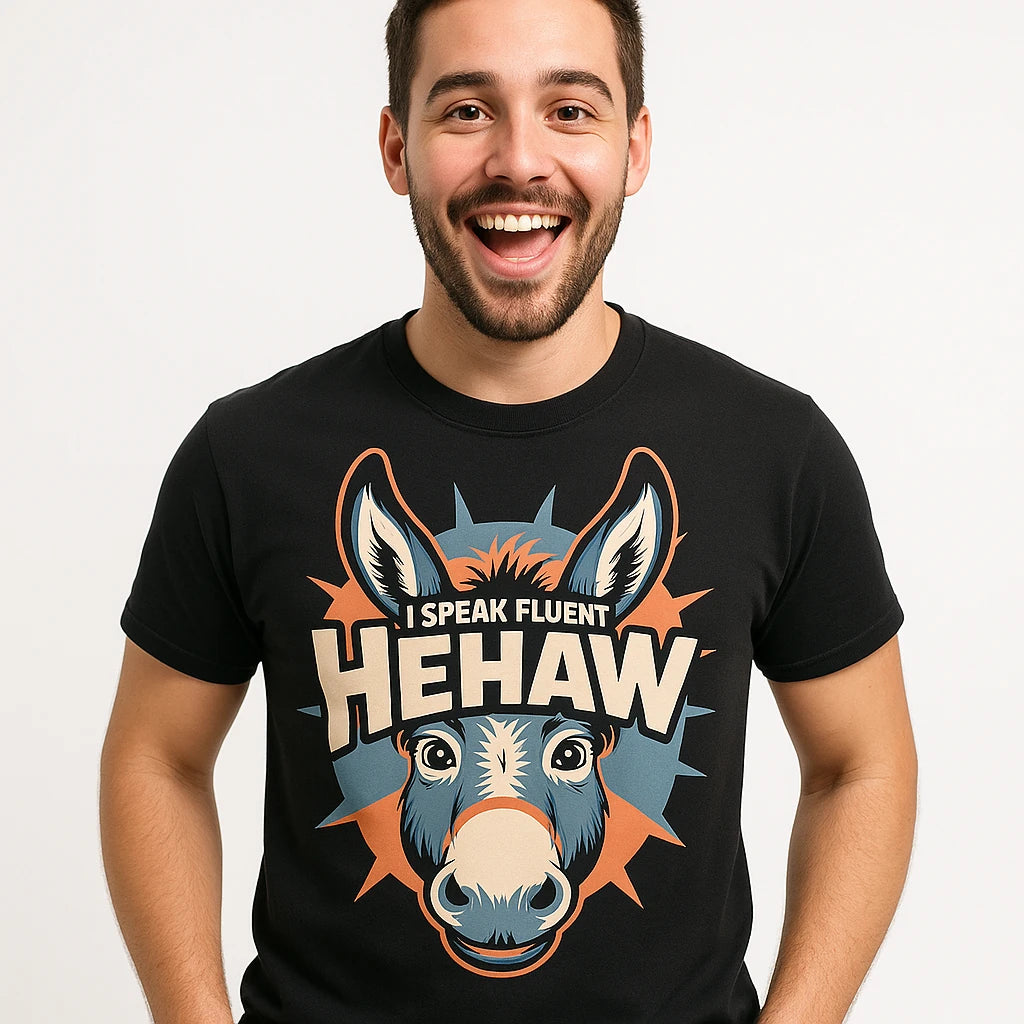 Close-up of the "I Speak Fluent Hehaw" gray print on a premium Bella+Canvas black donkey t shirt