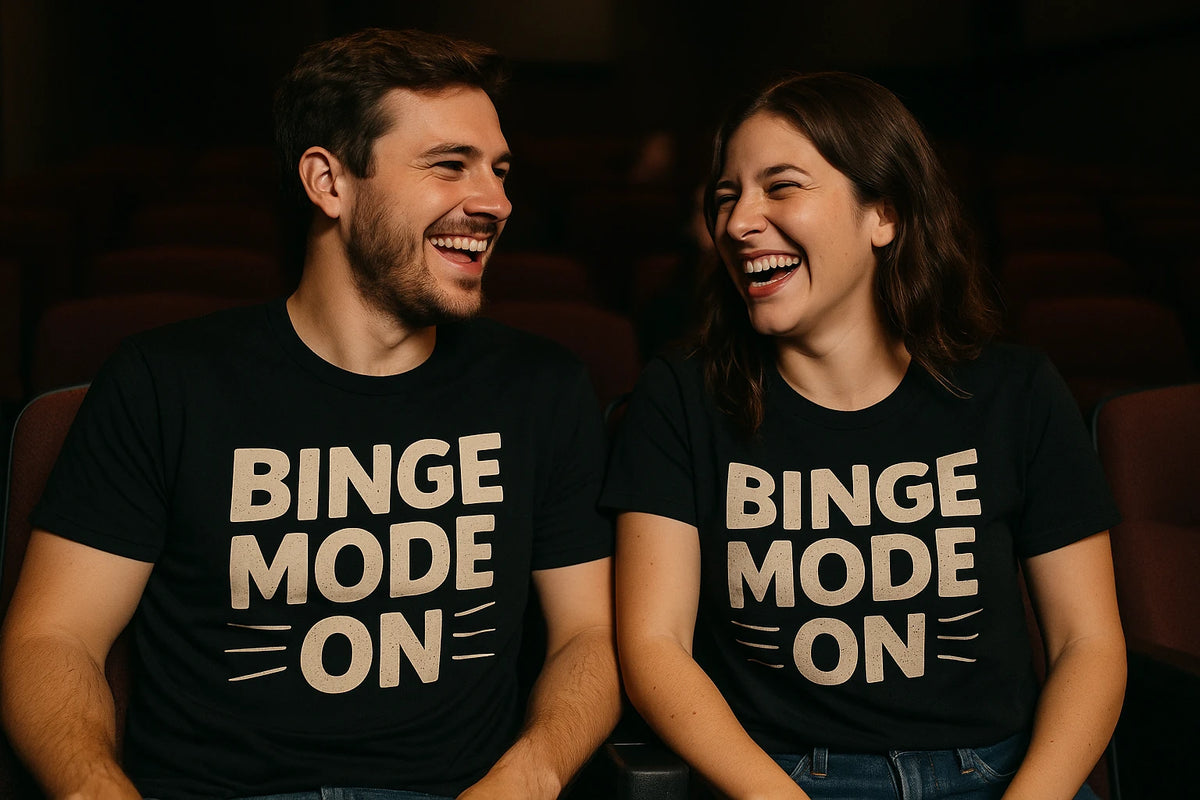 Person wearing the black graphic tee graphic tee - "Binge Mode On" design