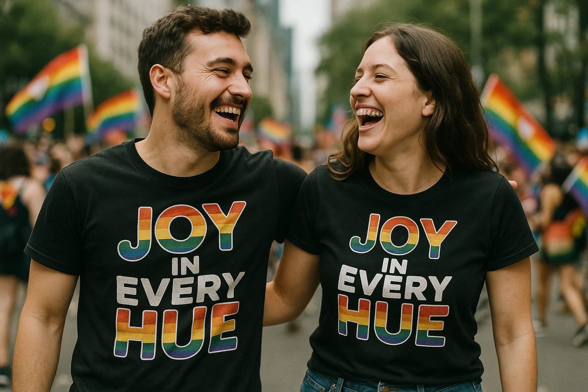 Person wearing the black lgbtq tee graphic tee - "Joy in Every Hue" design