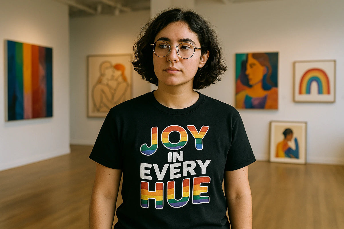 Lifestyle shot of the "Joy in Every Hue" black lgbtq tee in a real-world setting