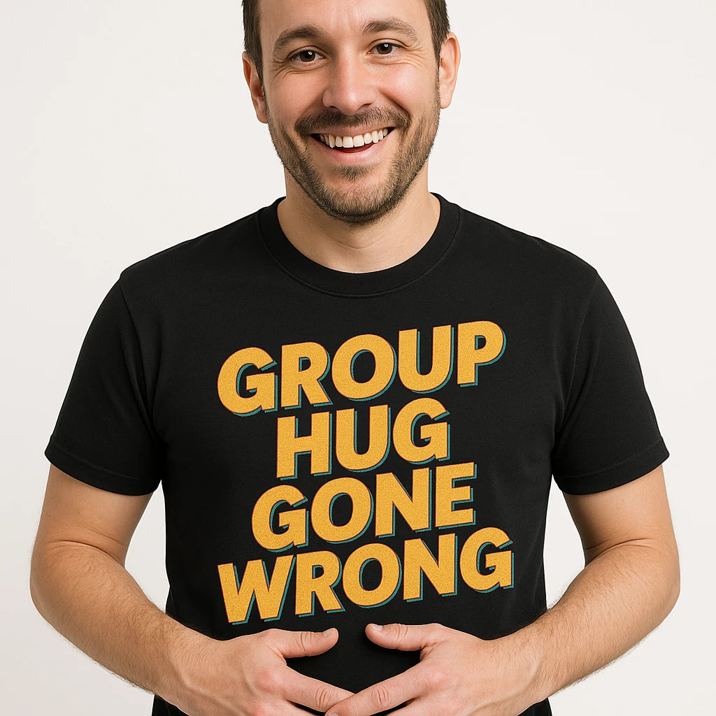 Close-up of the "Group Hug Gone Wrong" yellow print on a premium Bella+Canvas black family life t shirt