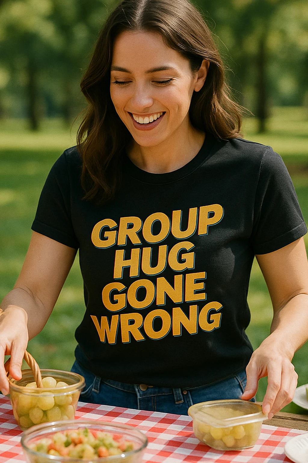 "Group Hug Gone Wrong" black family life t shirt, photographed as family life lover gift