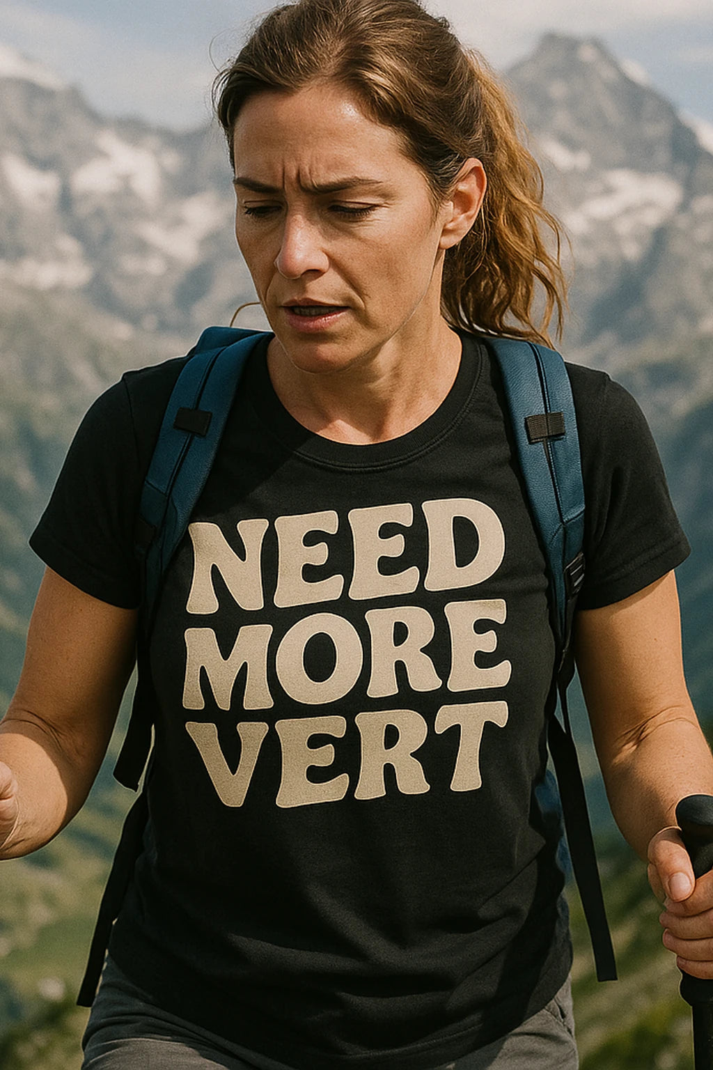 "Need More Vert" black mountaineer shirts, photographed as mountaineer lover gift