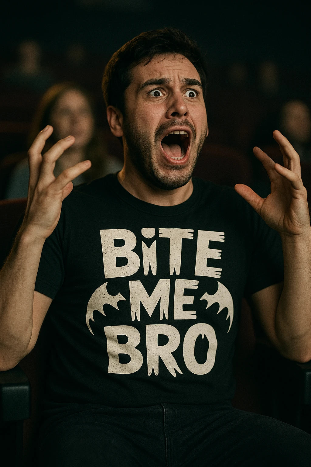 "Bite Me Bro" black energy vampire t shirt, photographed as gifts for vampire lovers
