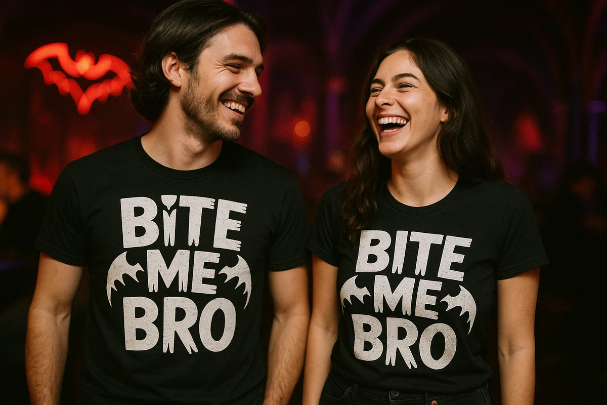 Person wearing the black energy vampire t shirt graphic tee - "Bite Me Bro" design