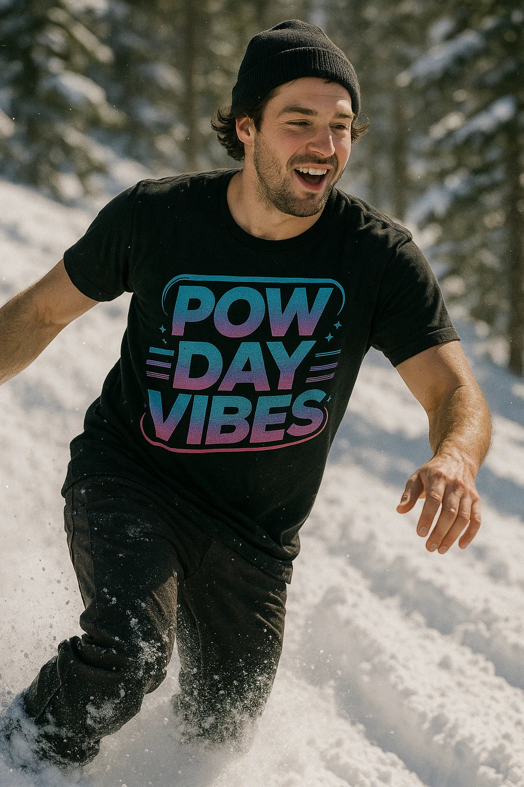 "Pow Day Vibes" black snowboarding t shirt - also a thermal shirt for snowboarding