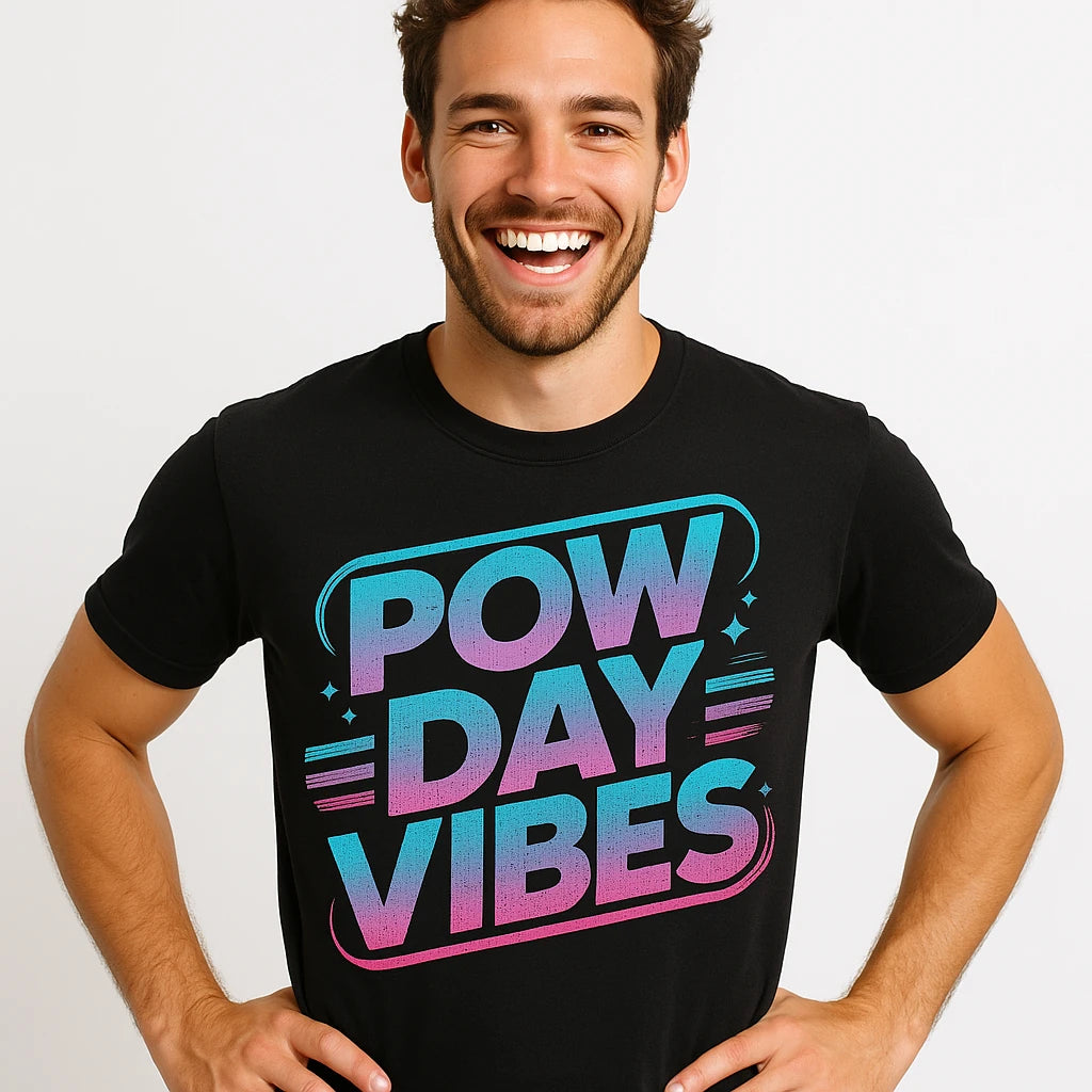 Close-up of the "Pow Day Vibes" teal print on a premium Bella+Canvas black snowboarding t shirt