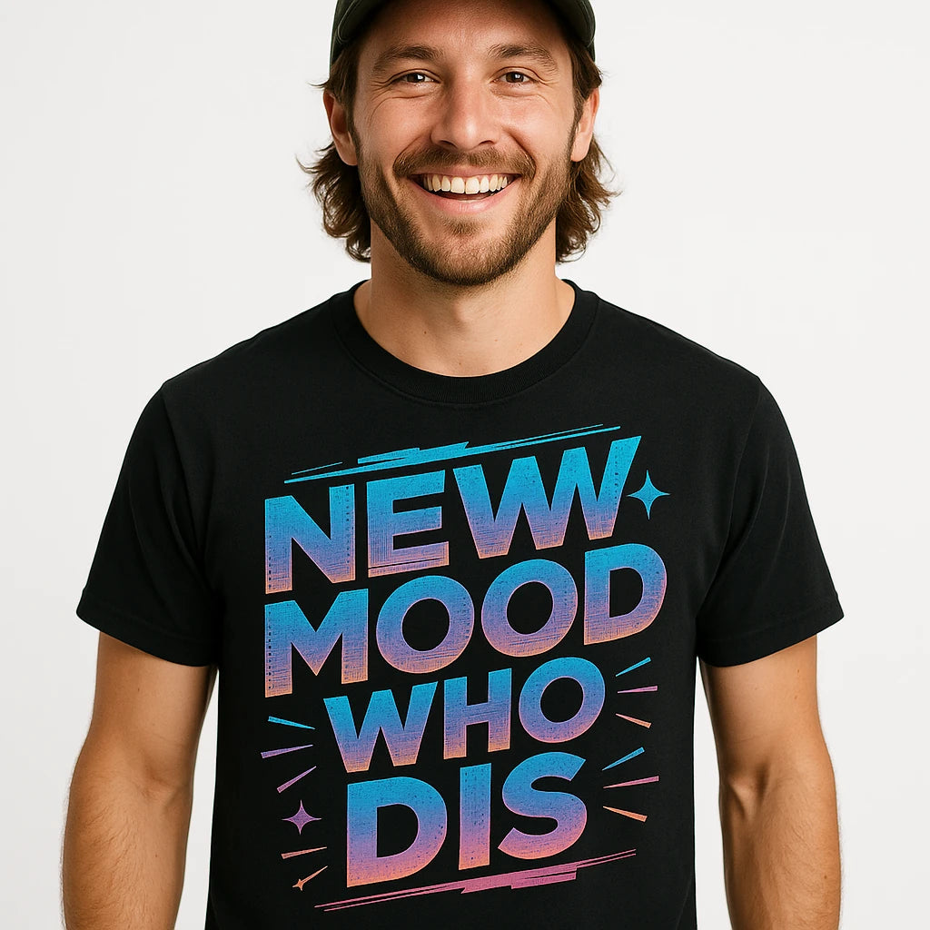 Close-up of the "Newt Mood Who Dis" blue print on a premium Bella+Canvas black newt shirts