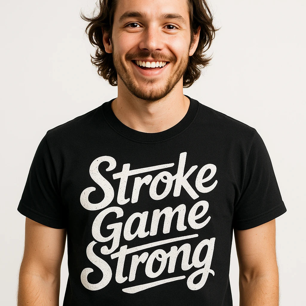 Close-up of the "Stroke Game Strong" white print on a premium Bella+Canvas black arabic calligraphy t shirt