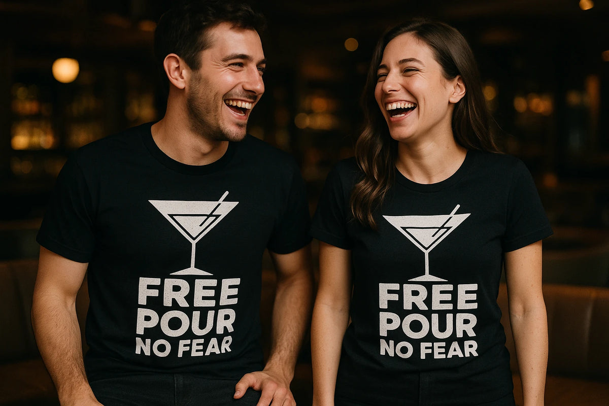 Person wearing the black bartender t shirts funny graphic tee - "Free Pour No Fear" design