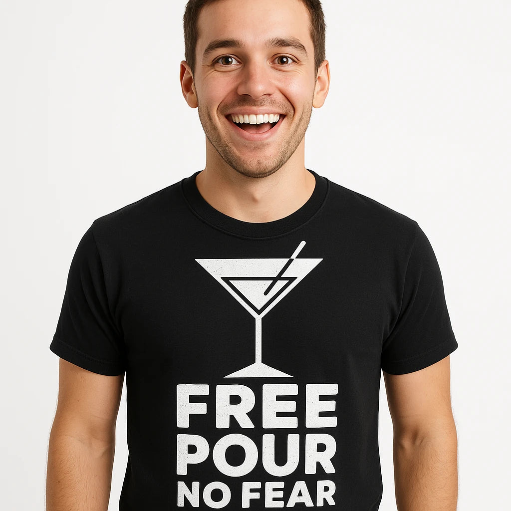 Close-up of the "Free Pour No Fear" white print on a premium Bella+Canvas black bartender t shirts funny