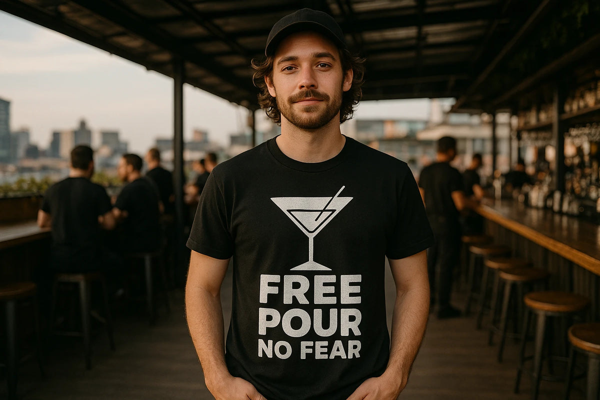 Lifestyle shot of the "Free Pour No Fear" black bartender t shirts funny in a real-world setting