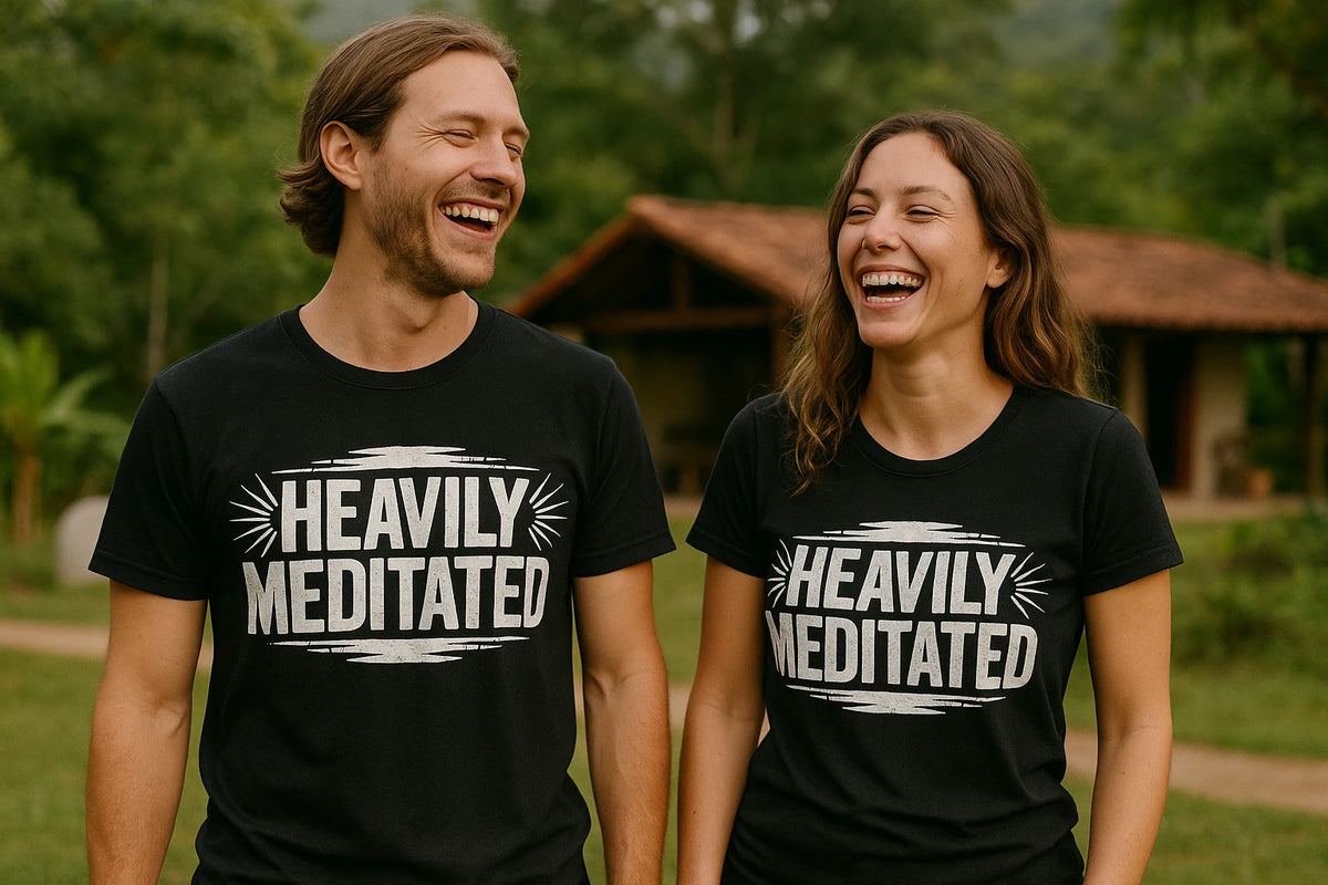 Person wearing the black meditation t shirt graphic tee - "Heavily Meditated" design