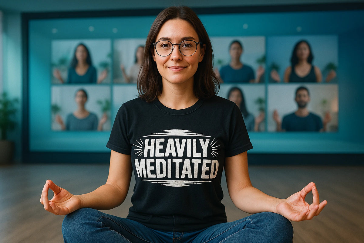 Lifestyle shot of the "Heavily Meditated" black meditation t shirt in a real-world setting