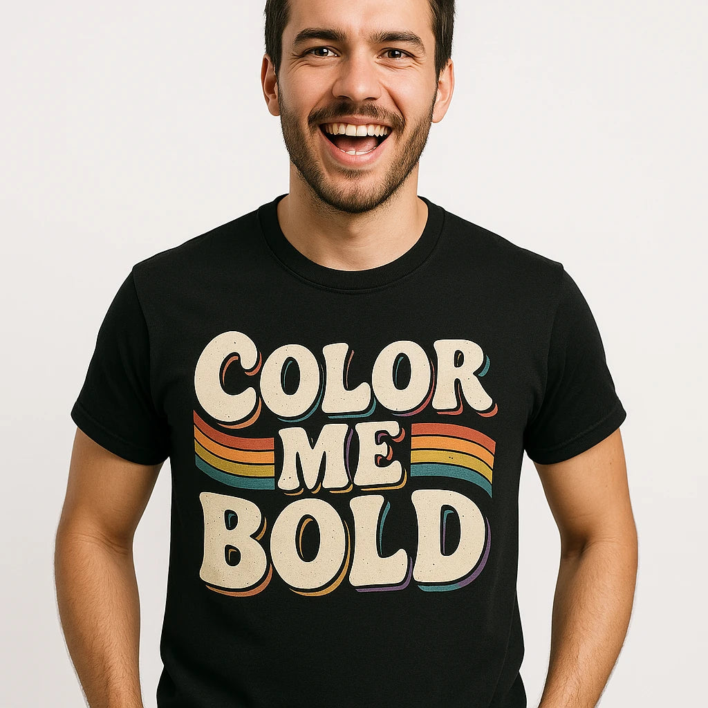 Close-up of the "Color Me Bold" beige print on a premium Bella+Canvas black lgbtq tee shirts