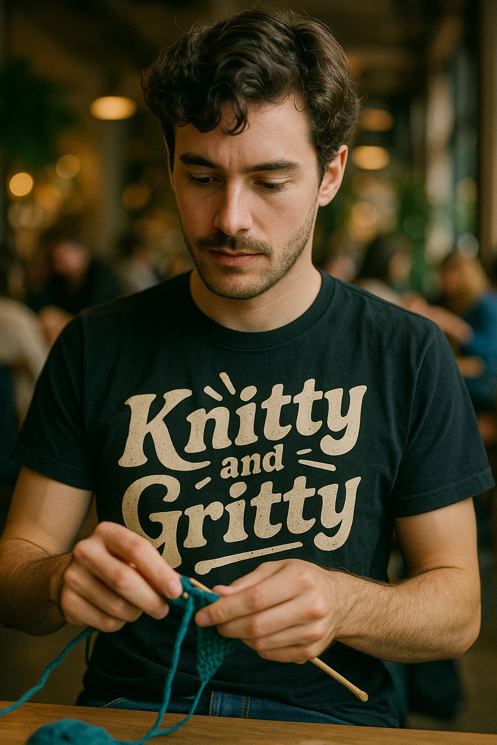 "Knitty and Gritty" black mens knitted long sleeve shirts, photographed as gifts for knitting lovers
