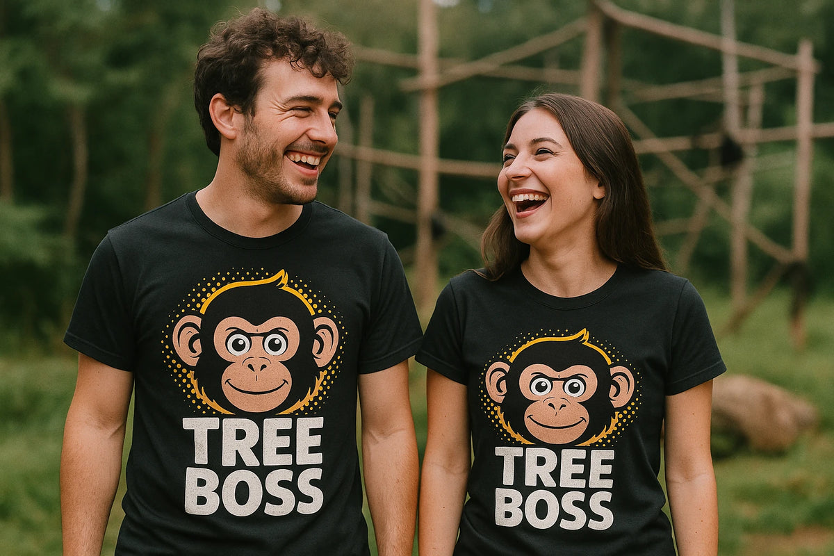 Person wearing the black funny monkey t shirt graphic tee - "Tree Boss" design