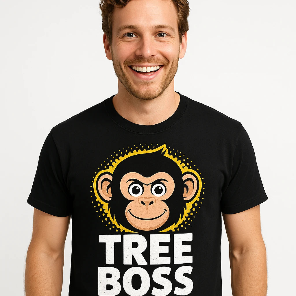 Close-up of the "Tree Boss" tan print on a premium Bella+Canvas black funny monkey t shirt