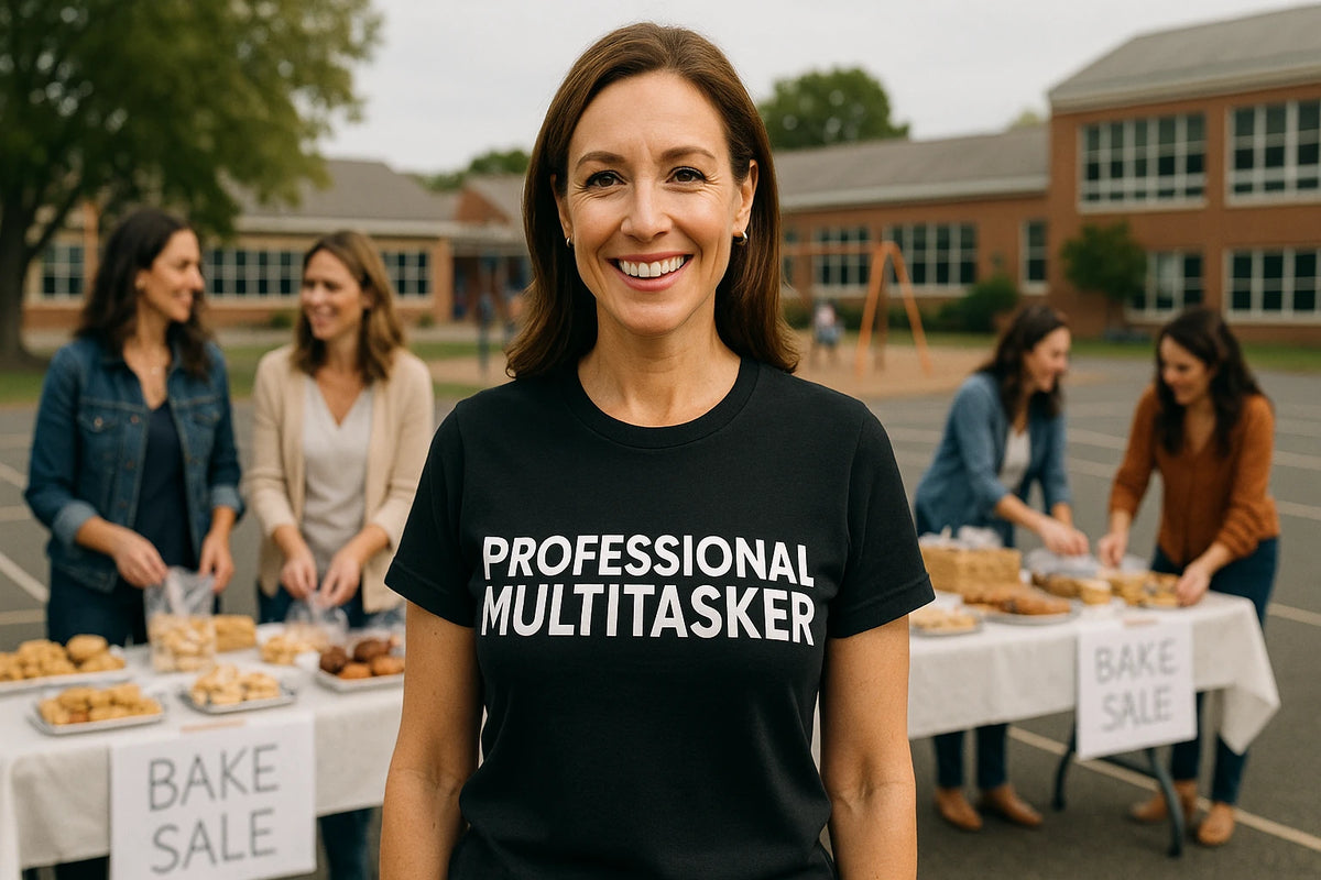Lifestyle shot of the "Professional Multitasker" black mom life graphic tees in a real-world setting