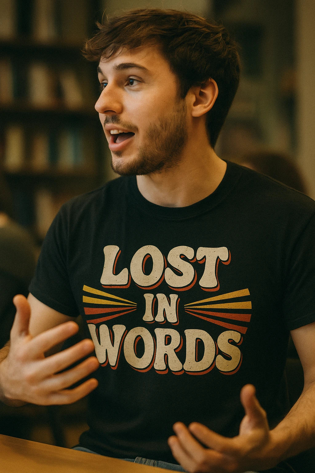 "Lost in Words" black translator shirts, photographed as gift ideas for translators