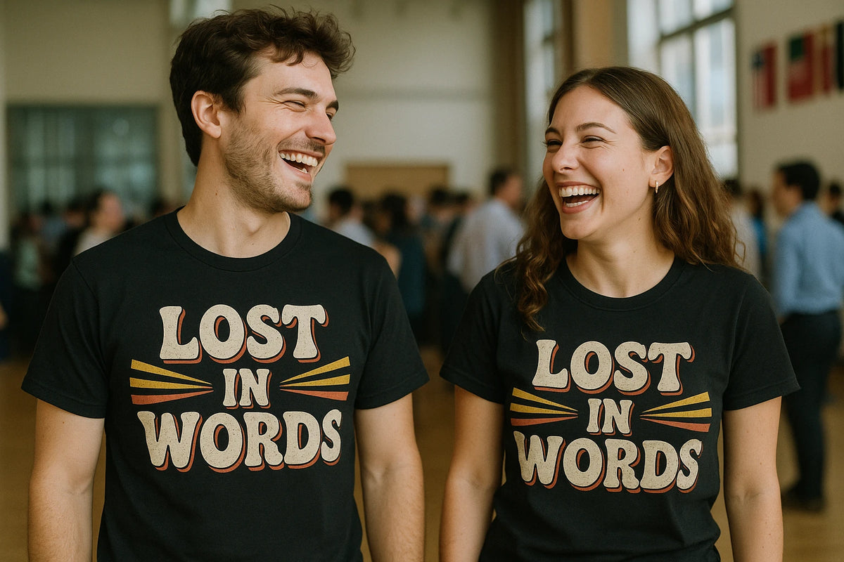 Person wearing the black translator shirts graphic tee - "Lost in Words" design