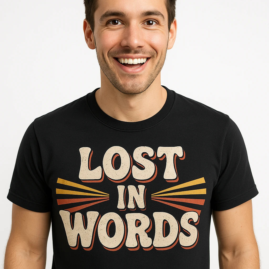 Close-up of the "Lost in Words" beige print on a premium Bella+Canvas black translator shirts