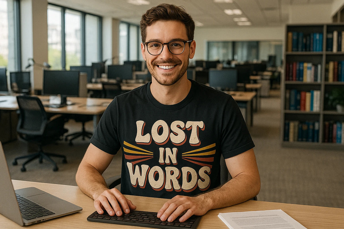 Lifestyle shot of the "Lost in Words" black translator shirts in a real-world setting