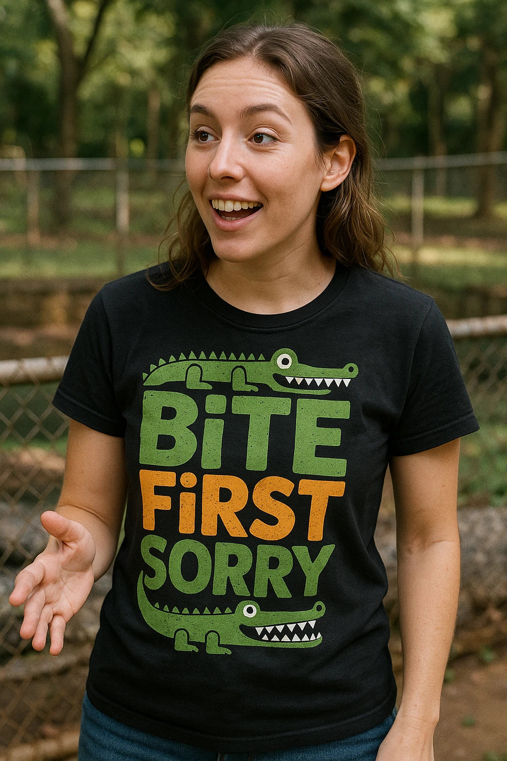 "Bite First Sorry" crocodile tee shirt - product photo 6