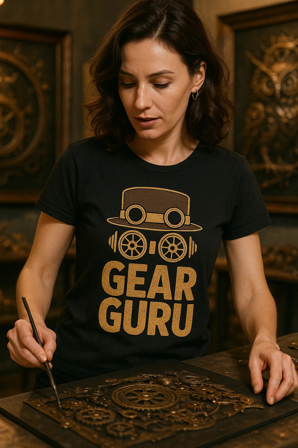 "Gear Guru" black steampunk tee shirts - a birthday gift for steampunk lover