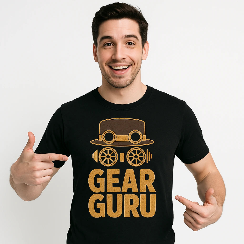 Close-up of the "Gear Guru" gold print on a premium Bella+Canvas black steampunk tee shirts