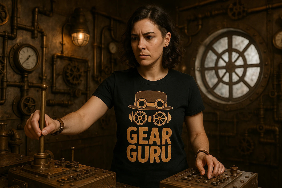 Lifestyle shot of the "Gear Guru" black steampunk tee shirts in a real-world setting