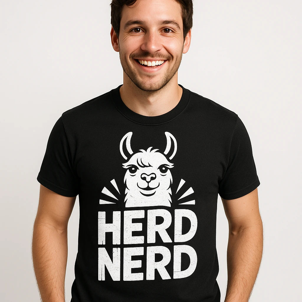 Close-up of the "Herd Nerd" white print on a premium Bella+Canvas black llama t shirt