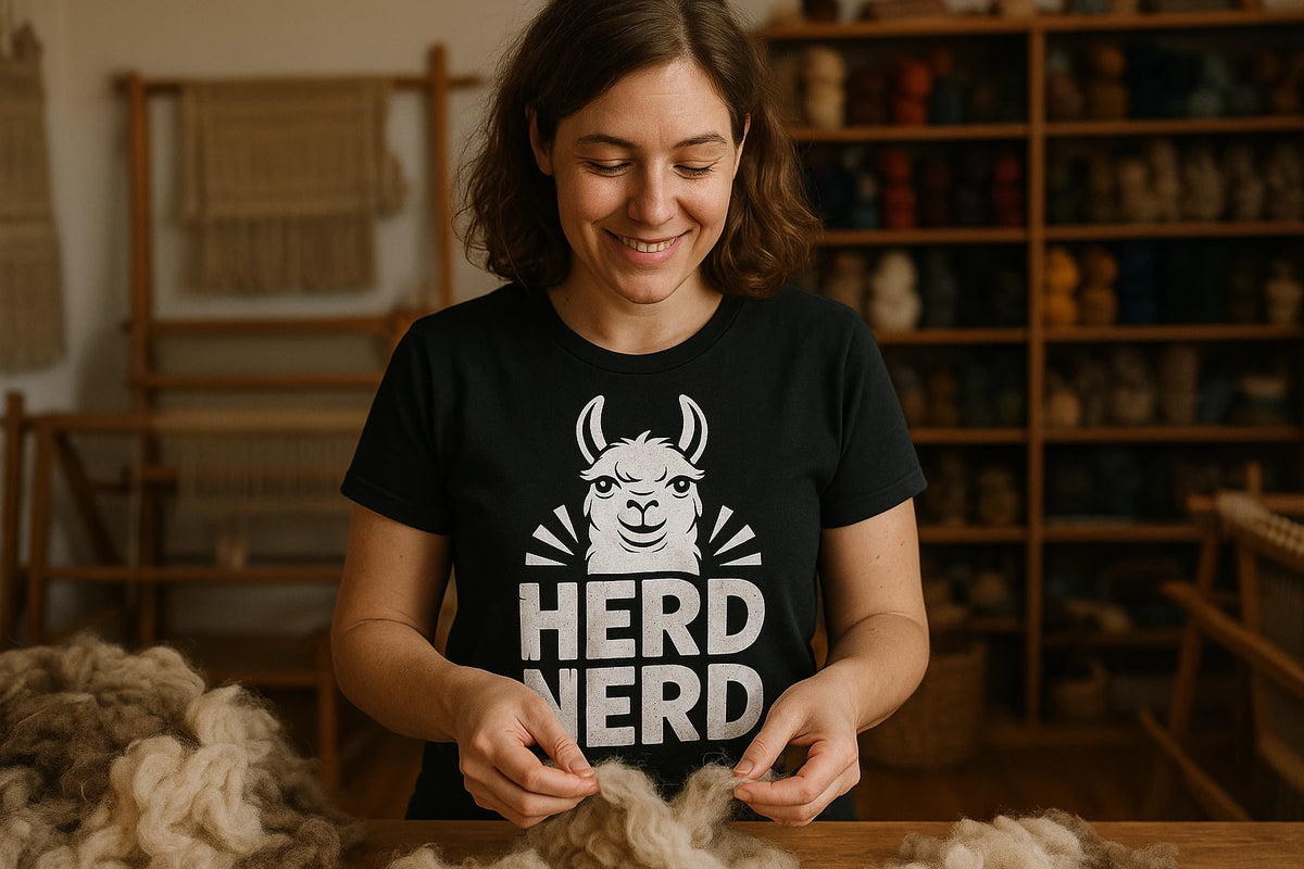 Lifestyle shot of the "Herd Nerd" black llama t shirt in a real-world setting